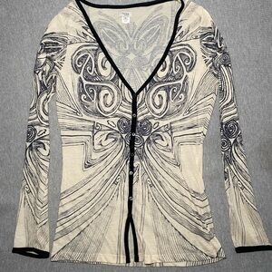 Hoss Intropia Y2K Abstract Swirl Pattern Tattoo Print Cardigan Sweater Sheer